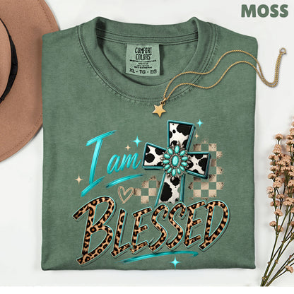 I Am Blessed Western Cross Cow Print T-Shirt, Turquoise Leopard Faith Tee