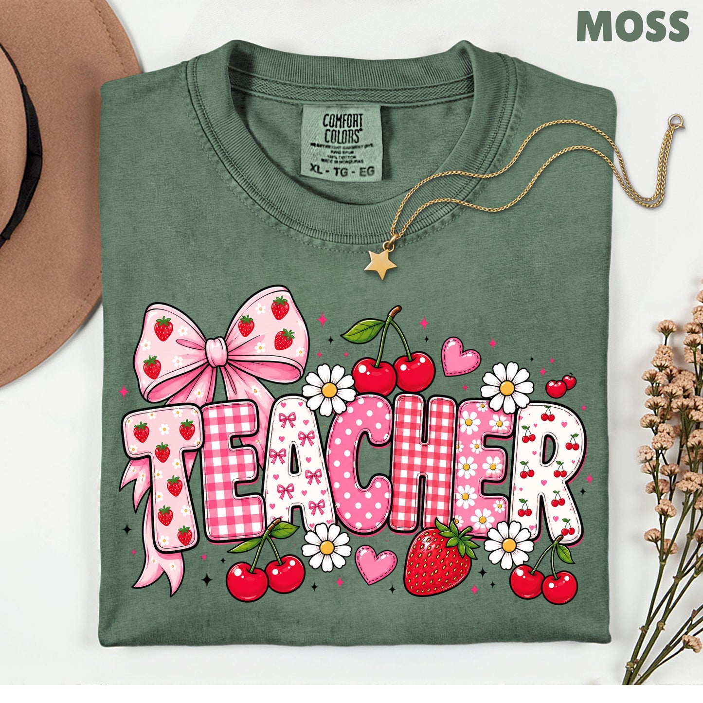 Teacher Coquette Pink T-Shirt, Strawberries Cherries Bow School Educator Tee