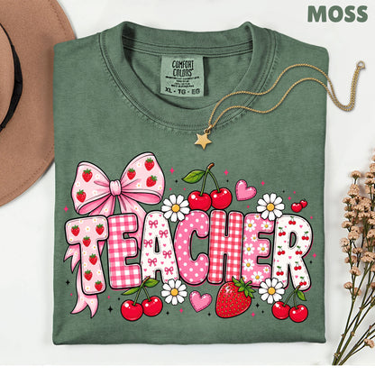 Teacher Coquette Pink T-Shirt, Strawberries Cherries Bow School Educator Tee