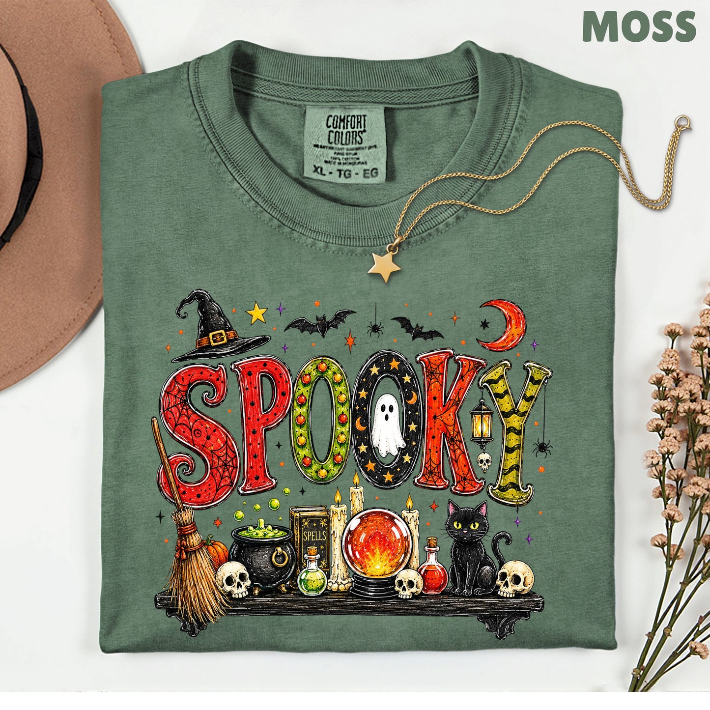 Halloween Witch Shelf Black Cat T-Shirt, Crystal Ball Cauldron Potion Skull Spooky Tee
