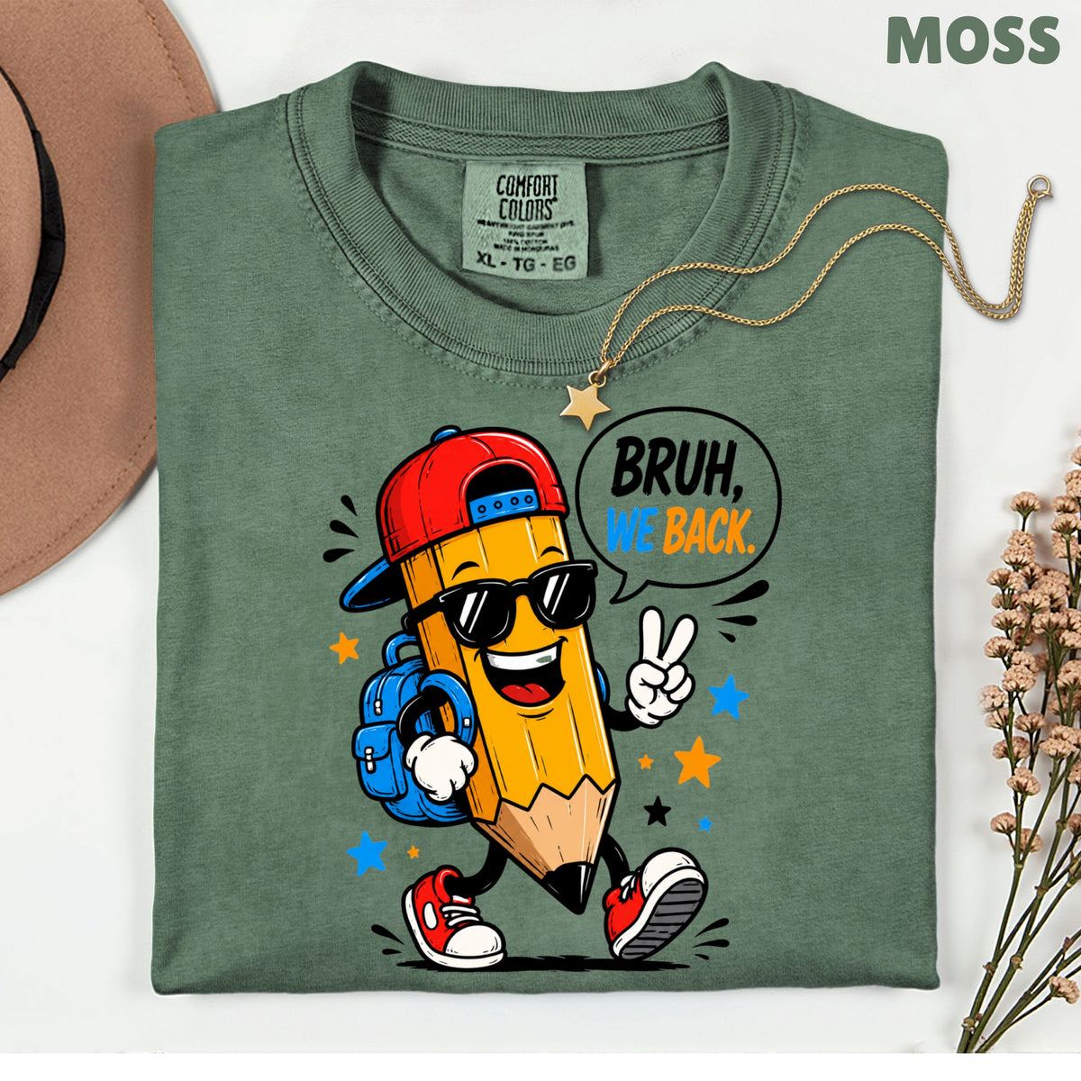 Bruh We Back Pencil T-Shirt, Cool Pencil Sunglasses Backpack Back to School Comfort Color Tee