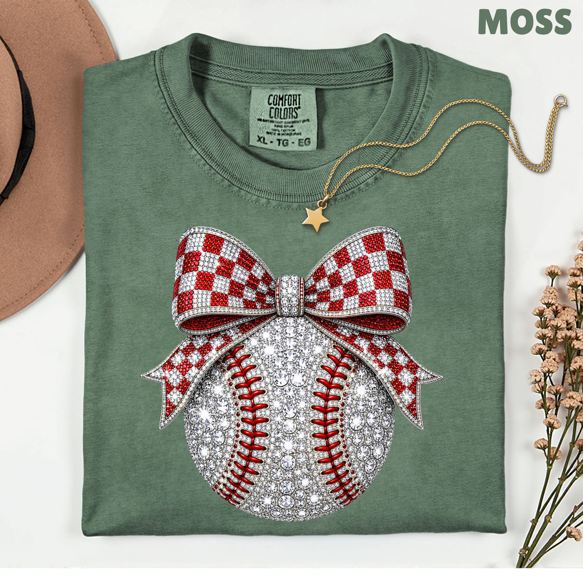 Coquette Baseball Sparkle T-Shirt, Red Checkered Bow Sports Mom Girl Tee