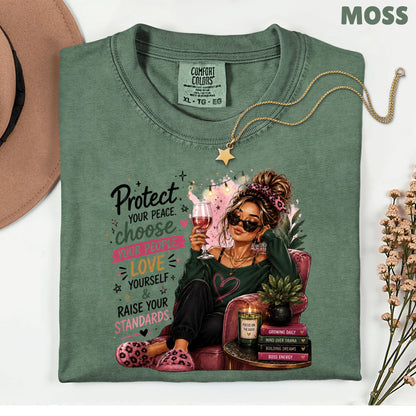 Inspirational Self Care Girl Protect Your Peace T-Shirt, Love Yourself Wine Woman Quote Tee