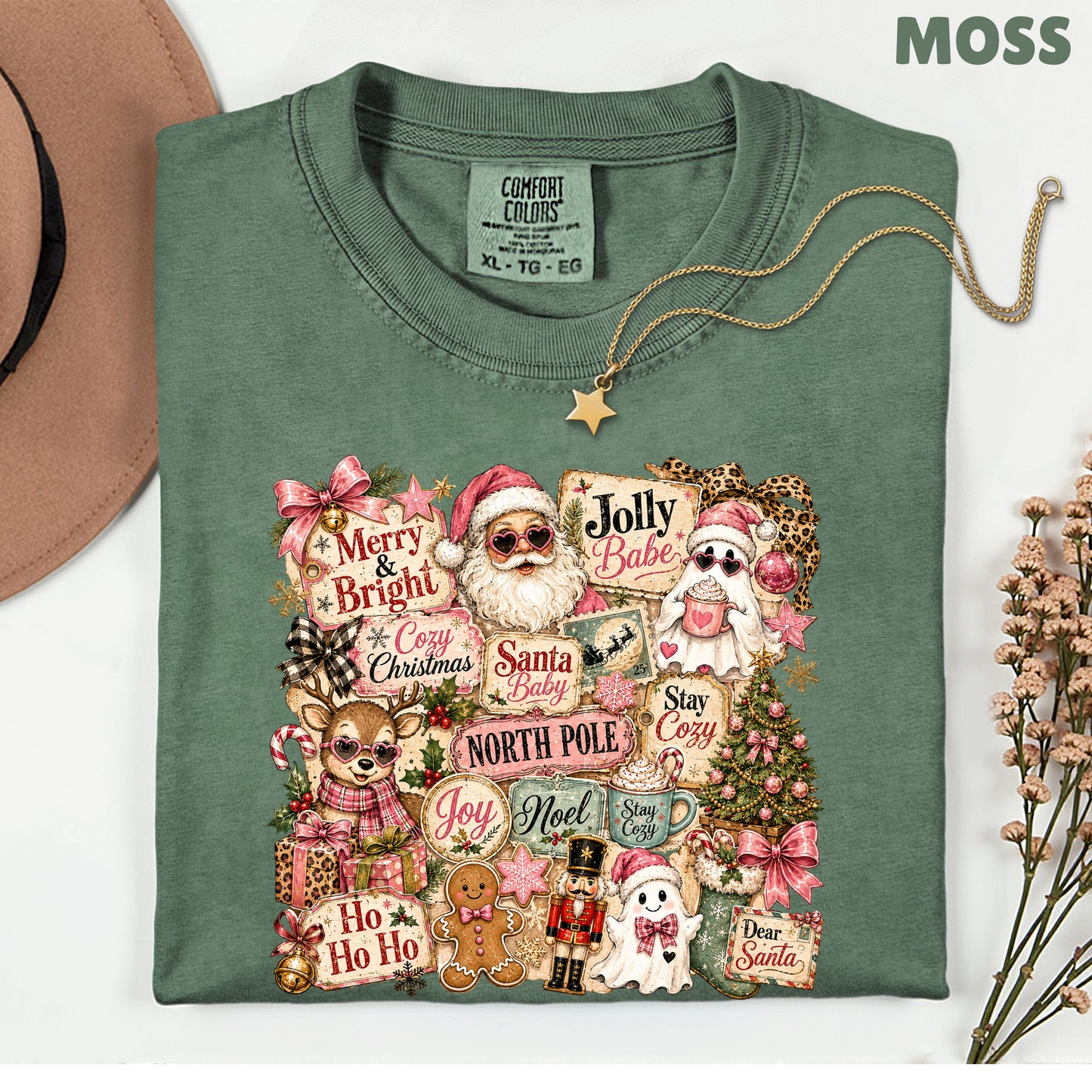 Cozy Pink Christmas Collage T-Shirt, Santa Reindeer Gingerbread Nutcracker North Pole Holiday Tee