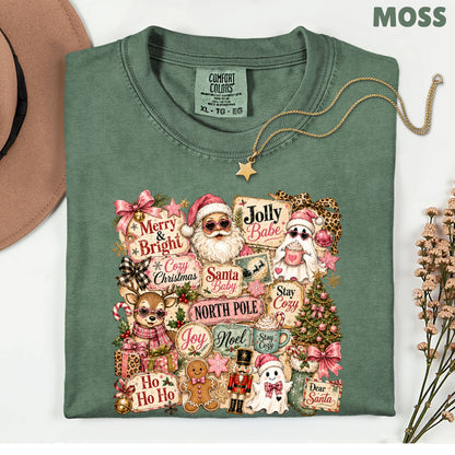 Cozy Pink Christmas Collage T-Shirt, Santa Reindeer Gingerbread Nutcracker North Pole Holiday Tee