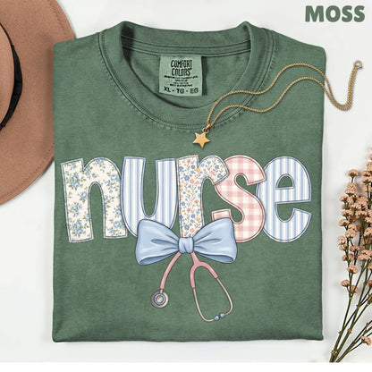 Nurse Coquette Floral Bow T-Shirt, Stethoscope Vintage Patchwork Nurse Tee
