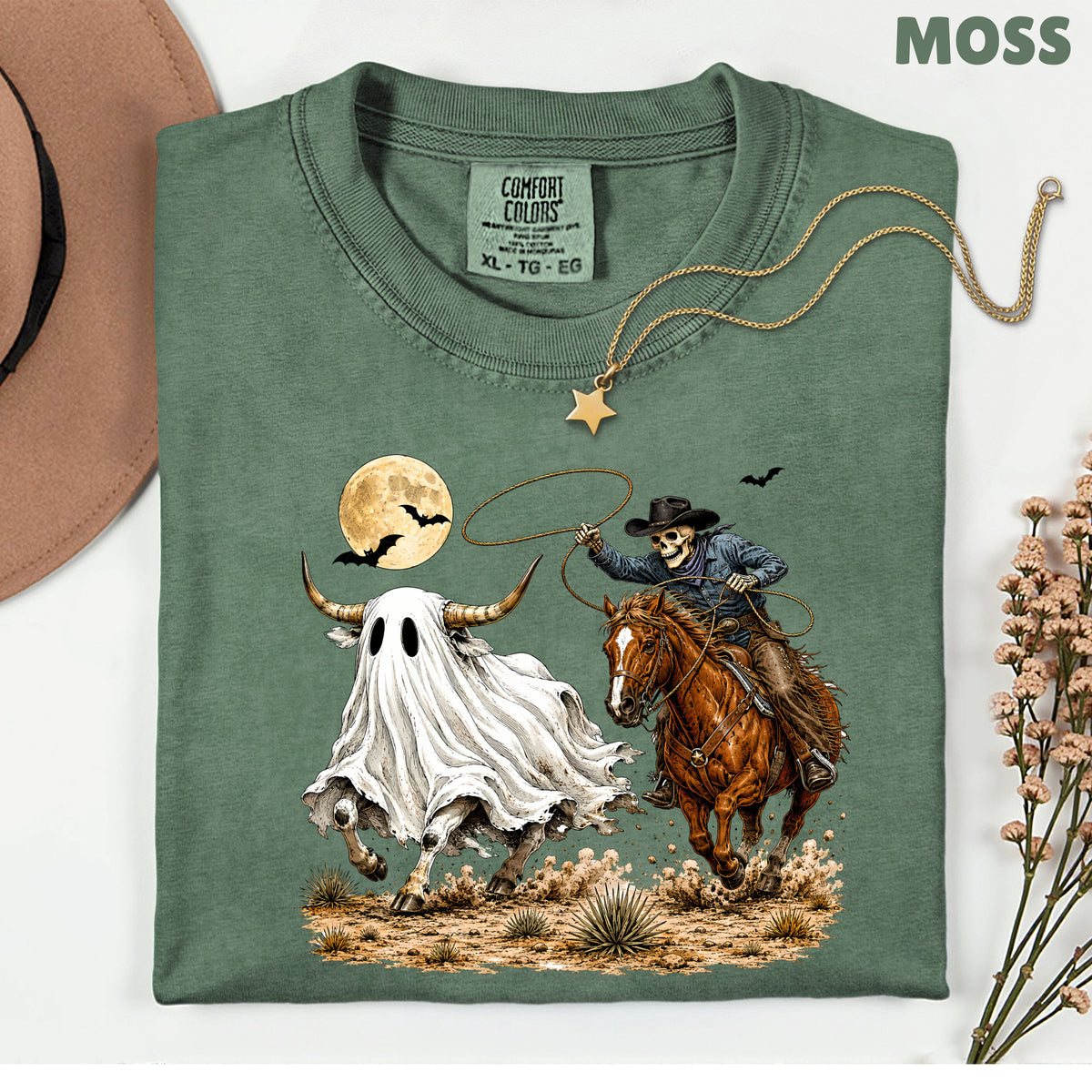 Halloween Skeleton Cowboy Ghost T-Shirt, Western Rodeo Bull Lasso Spooky Tee