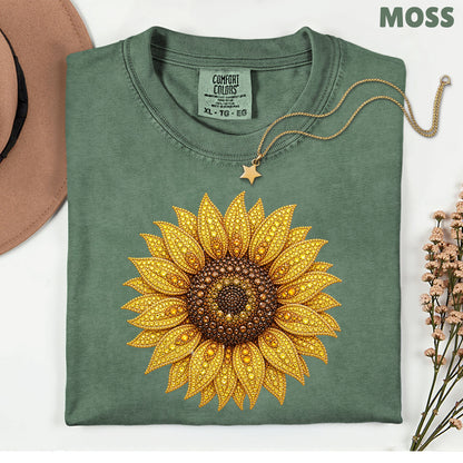 Sunflower Yellow Beaded Floral T-Shirt, Summer Fall Flower Tee
