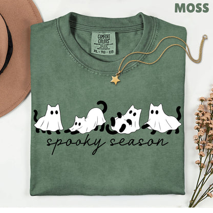 Spooky Season Ghost Cats Halloween T-Shirt, Black Cats Ghost Line Art Minimalist Tee