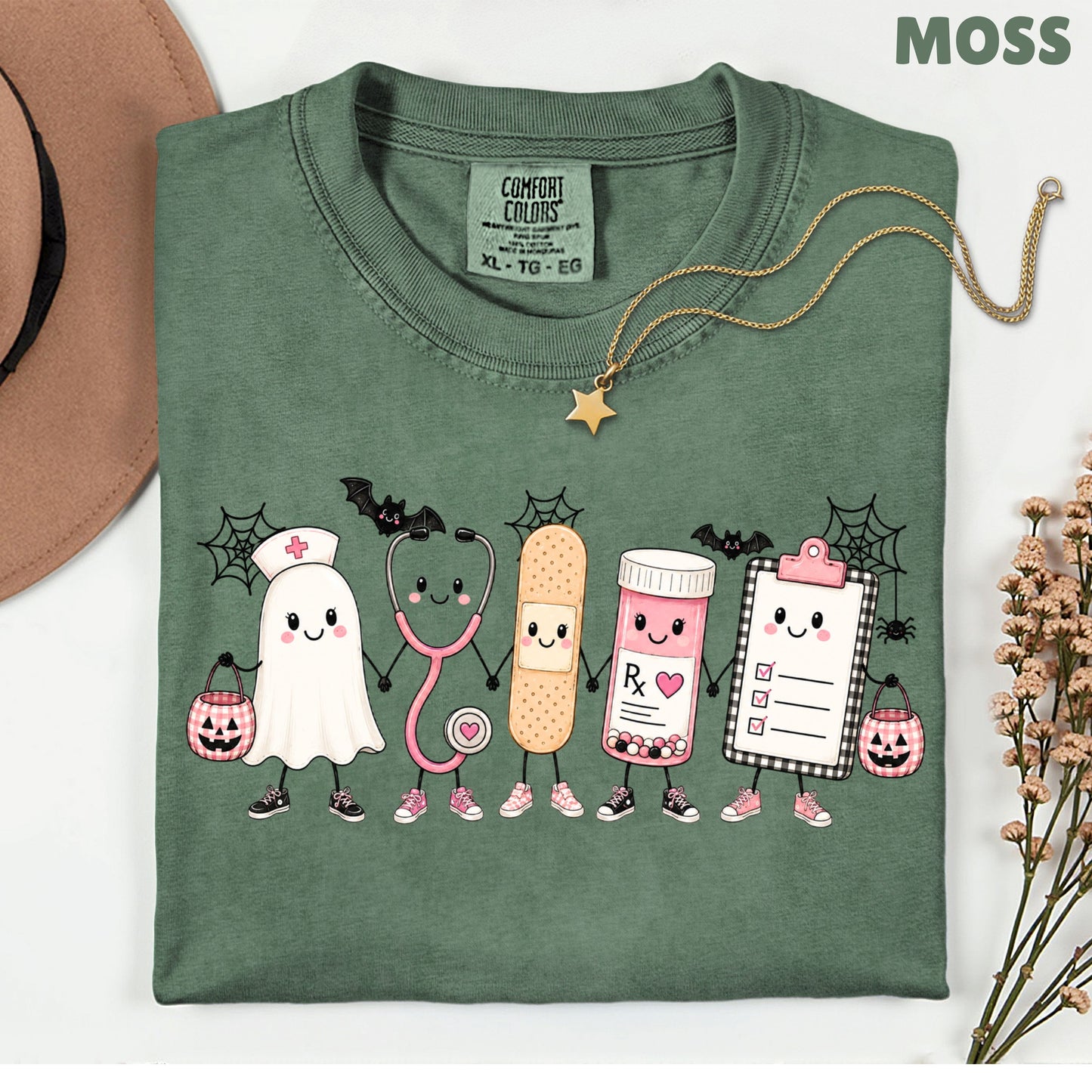 Pink Spooky Nurse Squad Halloween T-Shirt, Ghost Stethoscope Medical Bandage Tee