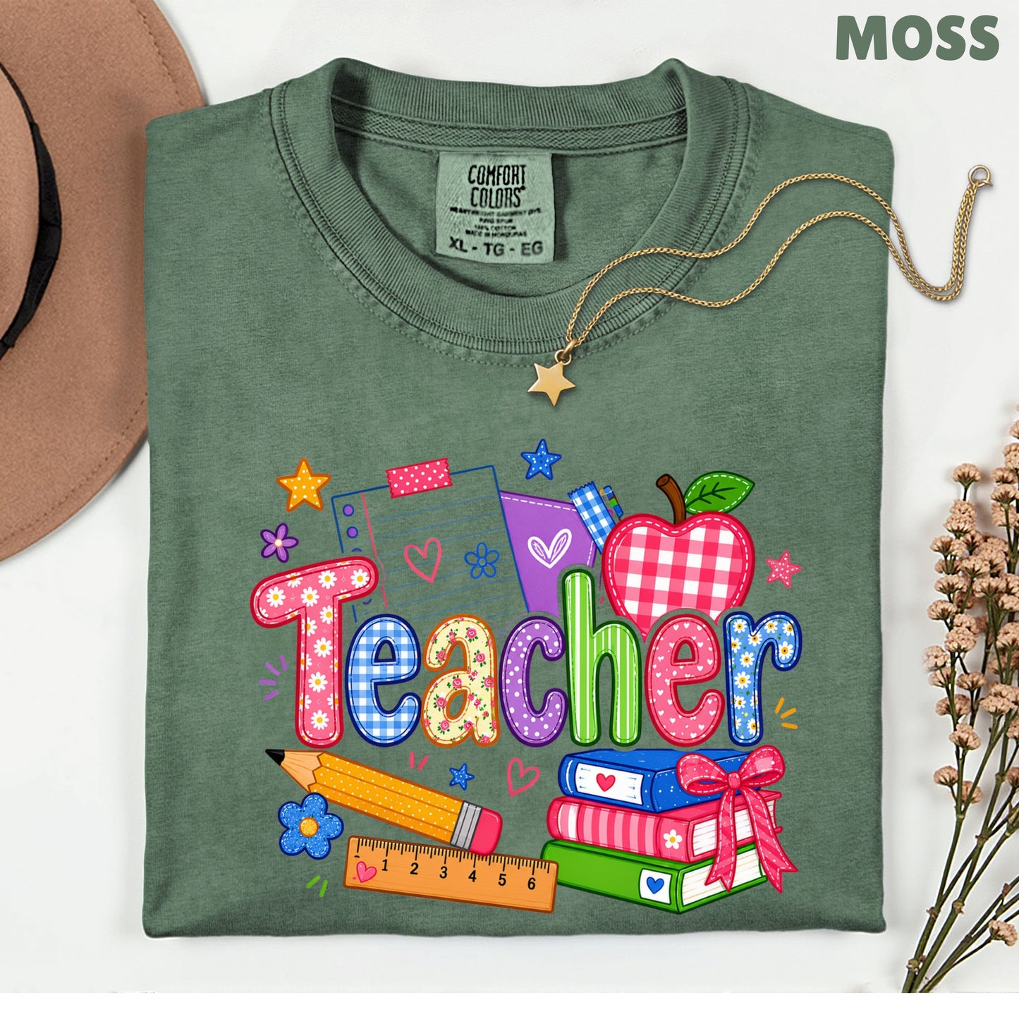 Teacher Apple Books Pencil T-Shirt, Colorful School Supplies Back to School Comfort Color Tee