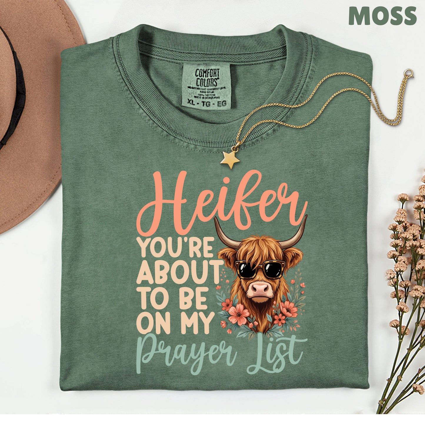 Sassy Highland Cow Prayer List T-Shirt, Sunglasses Floral Country Western Tee