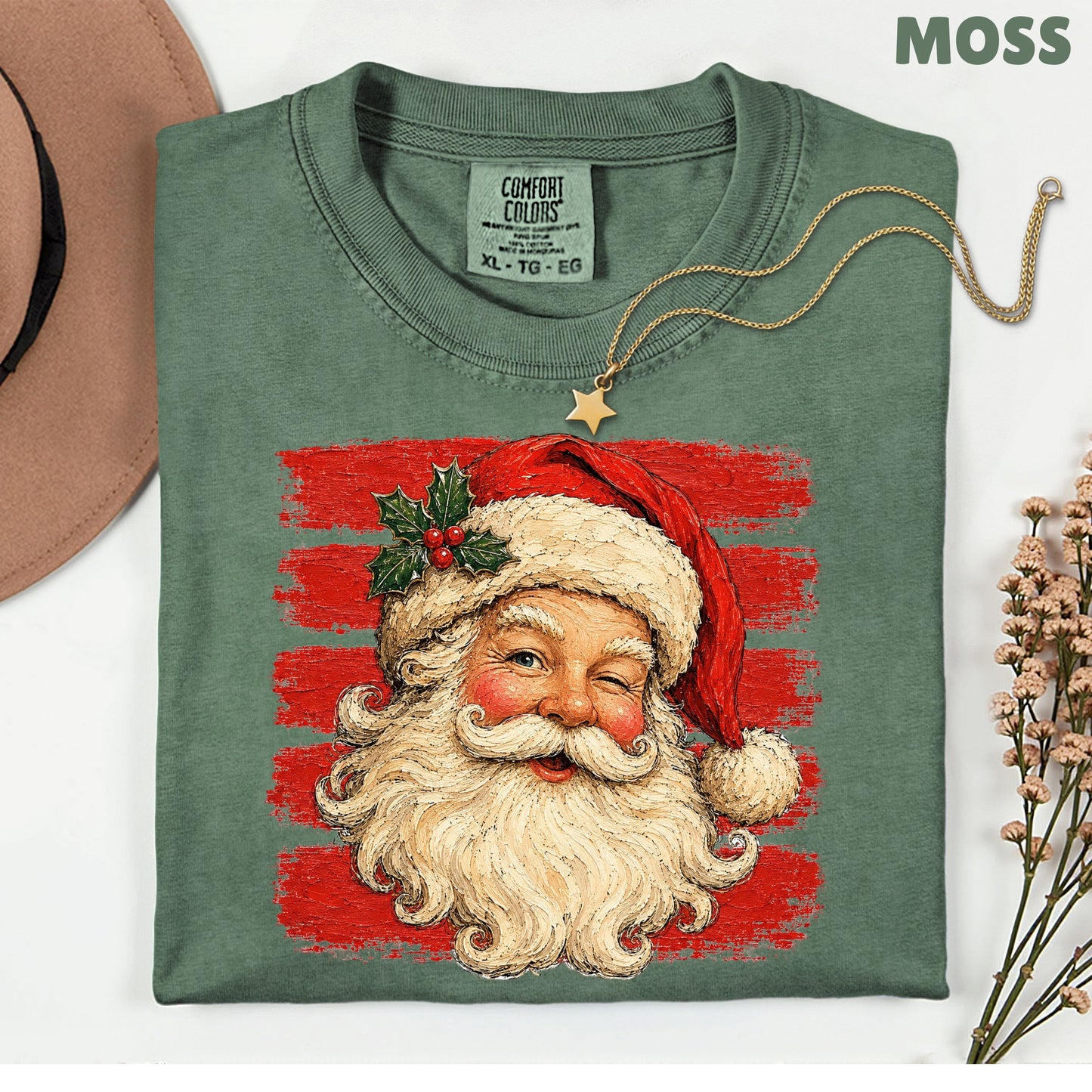 Vintage Winking Santa Christmas T-Shirt, Retro Red Stripes Nostalgic Holiday Comfort Color Tee