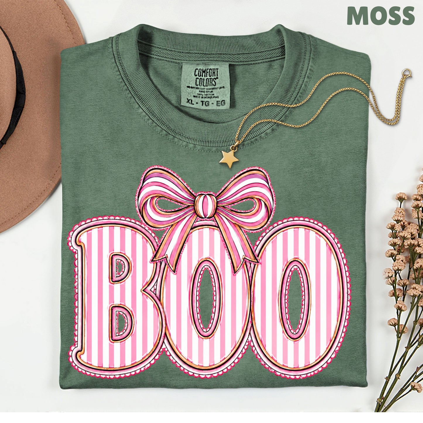 Boo Coquette Pink Bow Halloween T-Shirt, Striped Ribbon Cute Spooky Season Tee