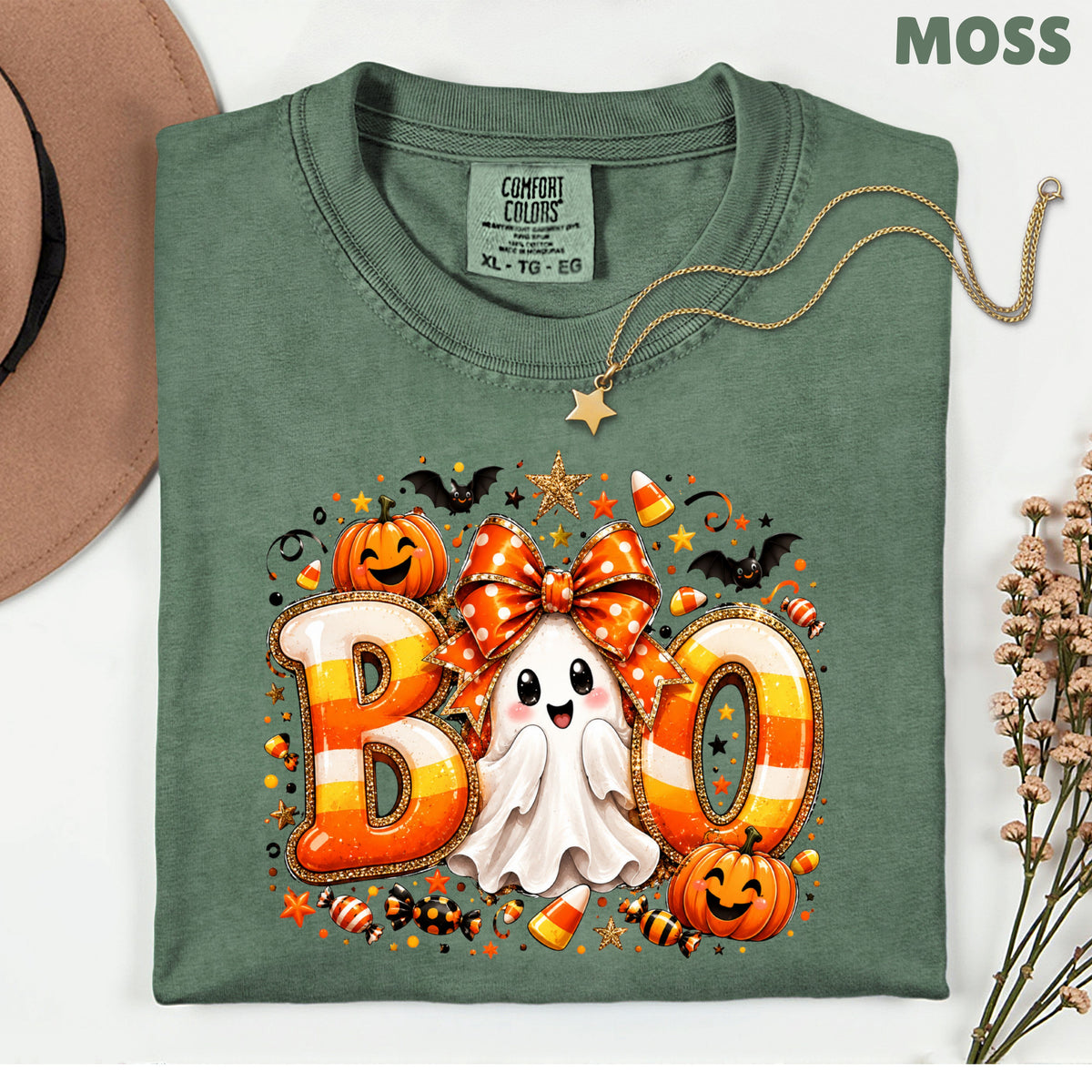 Halloween Boo Ghost Orange Bow T-Shirt, Candy Corn Pumpkin Spooky Season Tee