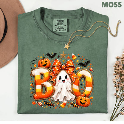 Halloween Boo Ghost Orange Bow T-Shirt, Candy Corn Pumpkin Spooky Season Tee