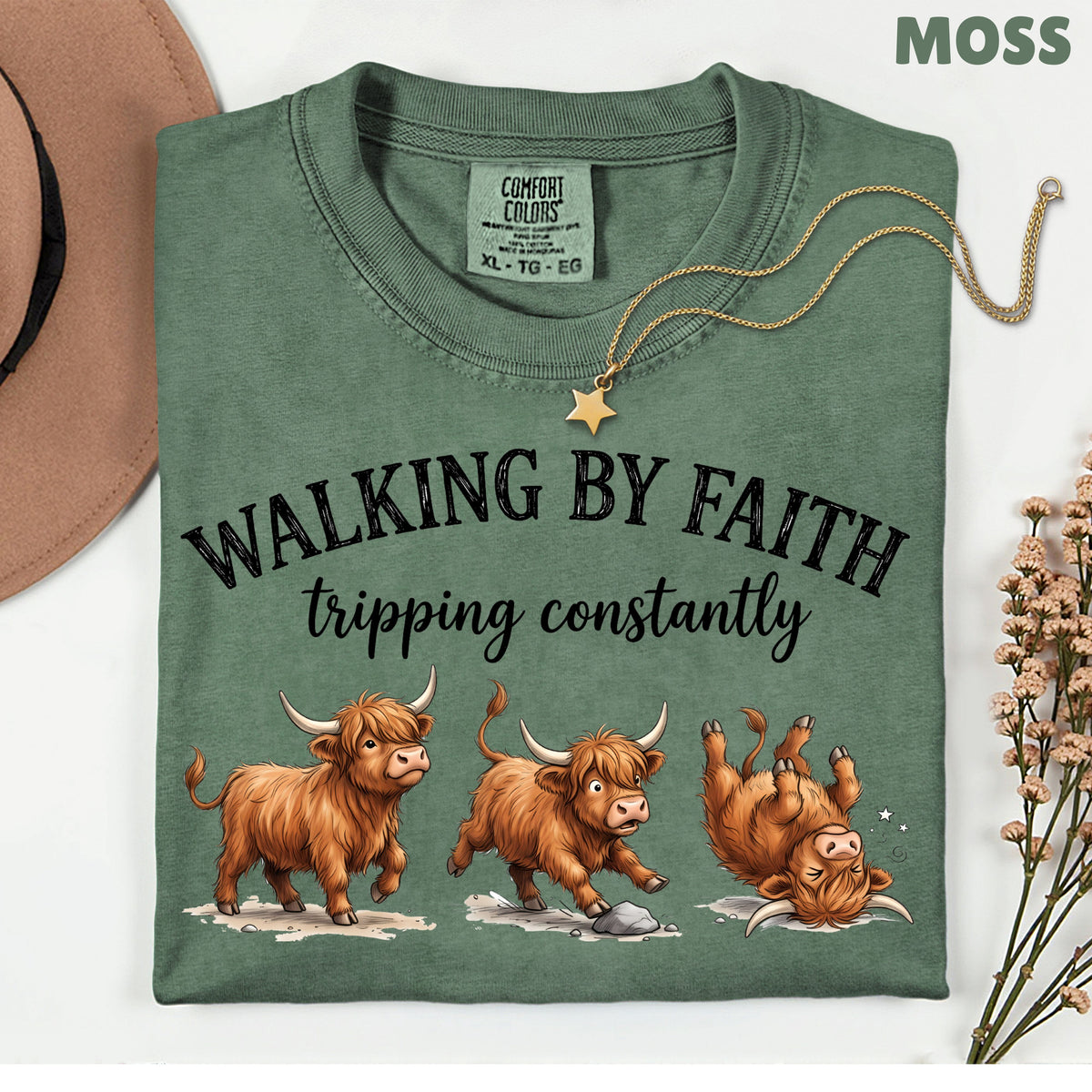 Walking by Faith Highland Cow T-Shirt, Tripping Constantly Funny Christian Quote Tee