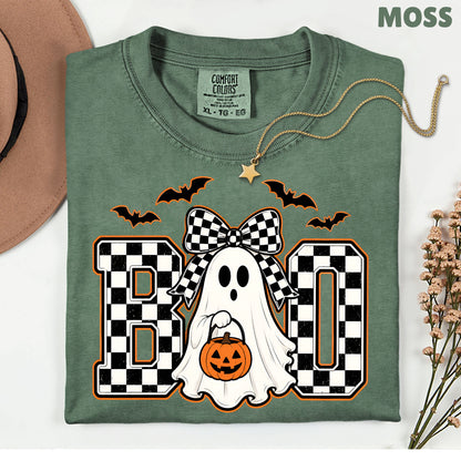 Boo Checkered Bow Ghost Halloween T-Shirt, Pumpkin Bucket Bats Retro Tee Sweatshirt