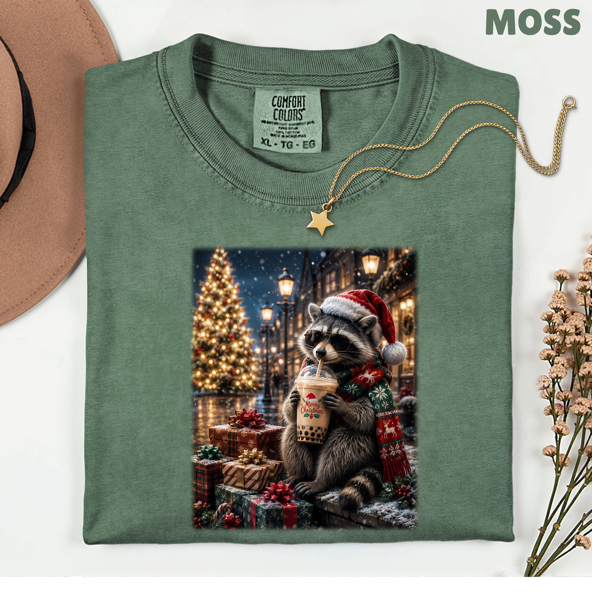 Christmas Raccoon Santa Hat T-Shirt, Coffee Drink Cute Holiday Winter Comfort Color Tee