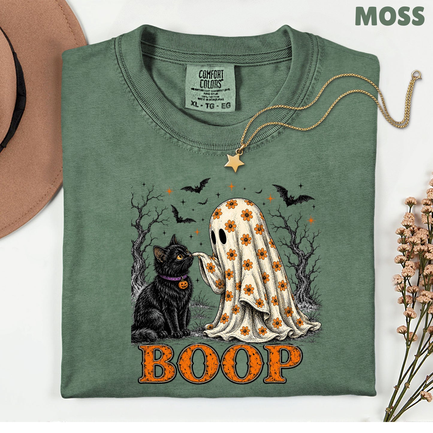 Halloween Cute Ghost Boop Black Cat T-Shirt, Floral Sheet Bats Spooky Season Tee