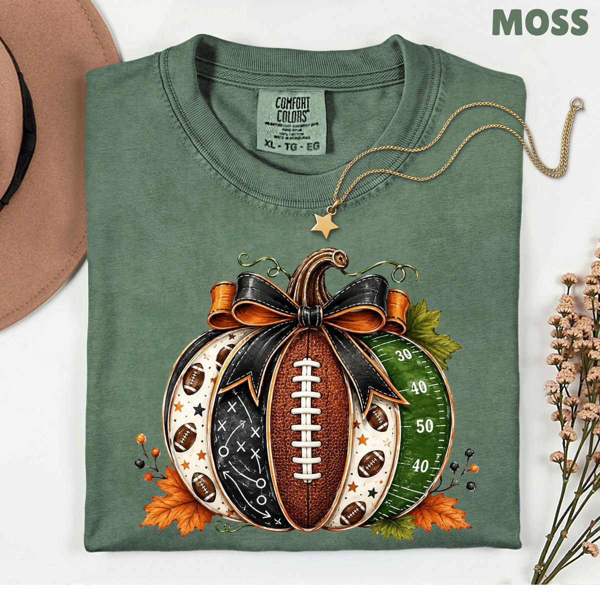 Football Pumpkin Bow Fall T-Shirt, Game Day Football Field Patchwork Autumn Tee