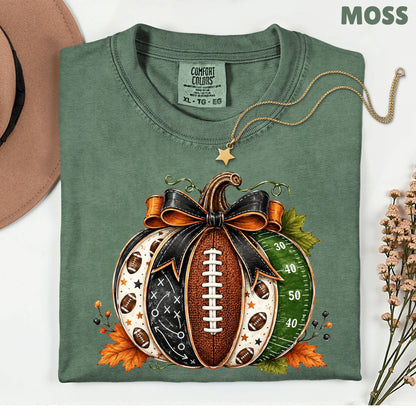 Football Pumpkin Bow Fall T-Shirt, Game Day Football Field Patchwork Autumn Tee