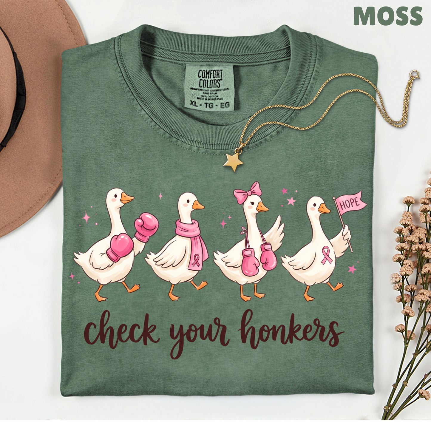 Check Your Honkers Ducks Breast Cancer Awareness T-Shirt, Pink Ribbon Boxing Gloves Geese Tee