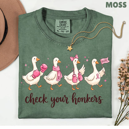 Check Your Honkers Ducks Breast Cancer Awareness T-Shirt, Pink Ribbon Boxing Gloves Geese Tee