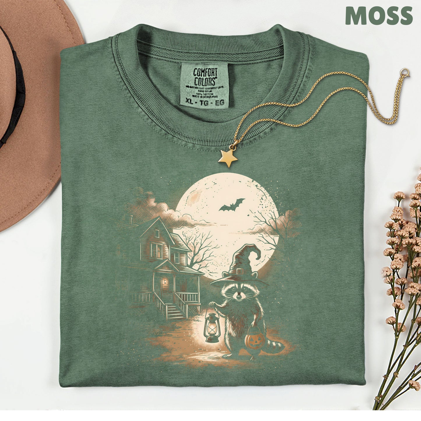 Vintage Halloween Mouse Witch T-Shirt, Full Moon Pumpkin House Sepia Trick or Treat Spooky Fall Tee