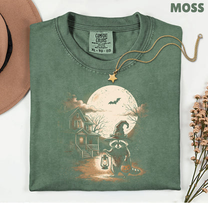 Vintage Halloween Mouse Witch T-Shirt, Full Moon Pumpkin House Sepia Trick or Treat Spooky Fall Tee