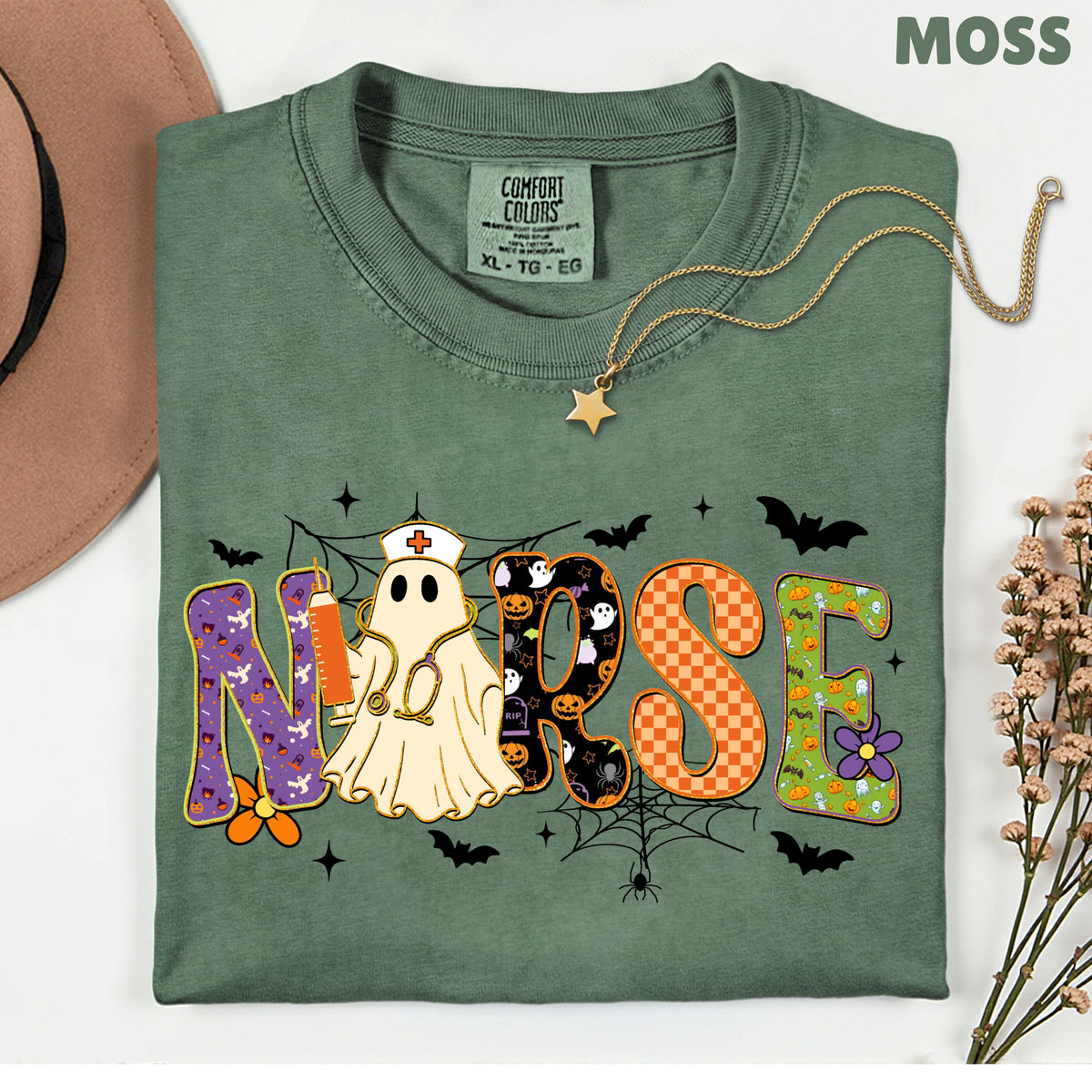 Halloween Nurse Ghost T-Shirt, Spooky Nurse Life Hat Syringe Bats Tee