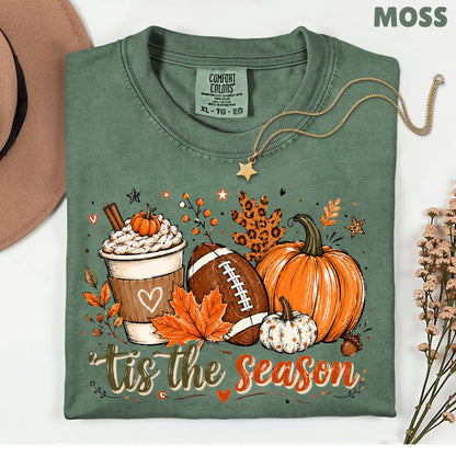 Tis the Season Football Fall T-Shirt, Pumpkin Spice Coffee Thanksgiving Tee