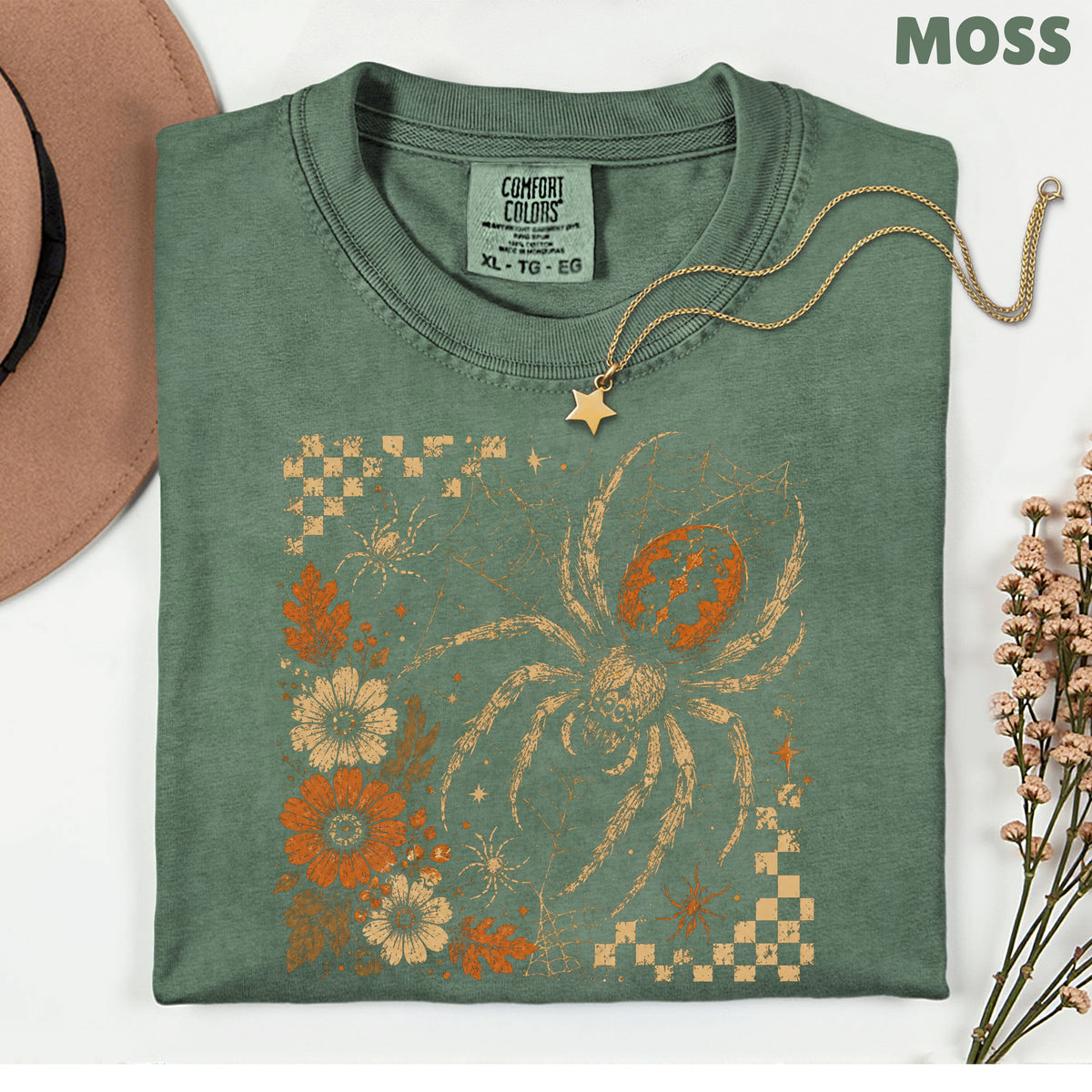 Vintage Fall Halloween Spider T-Shirt, Floral Spiderweb Checkered Spooky Season Tee