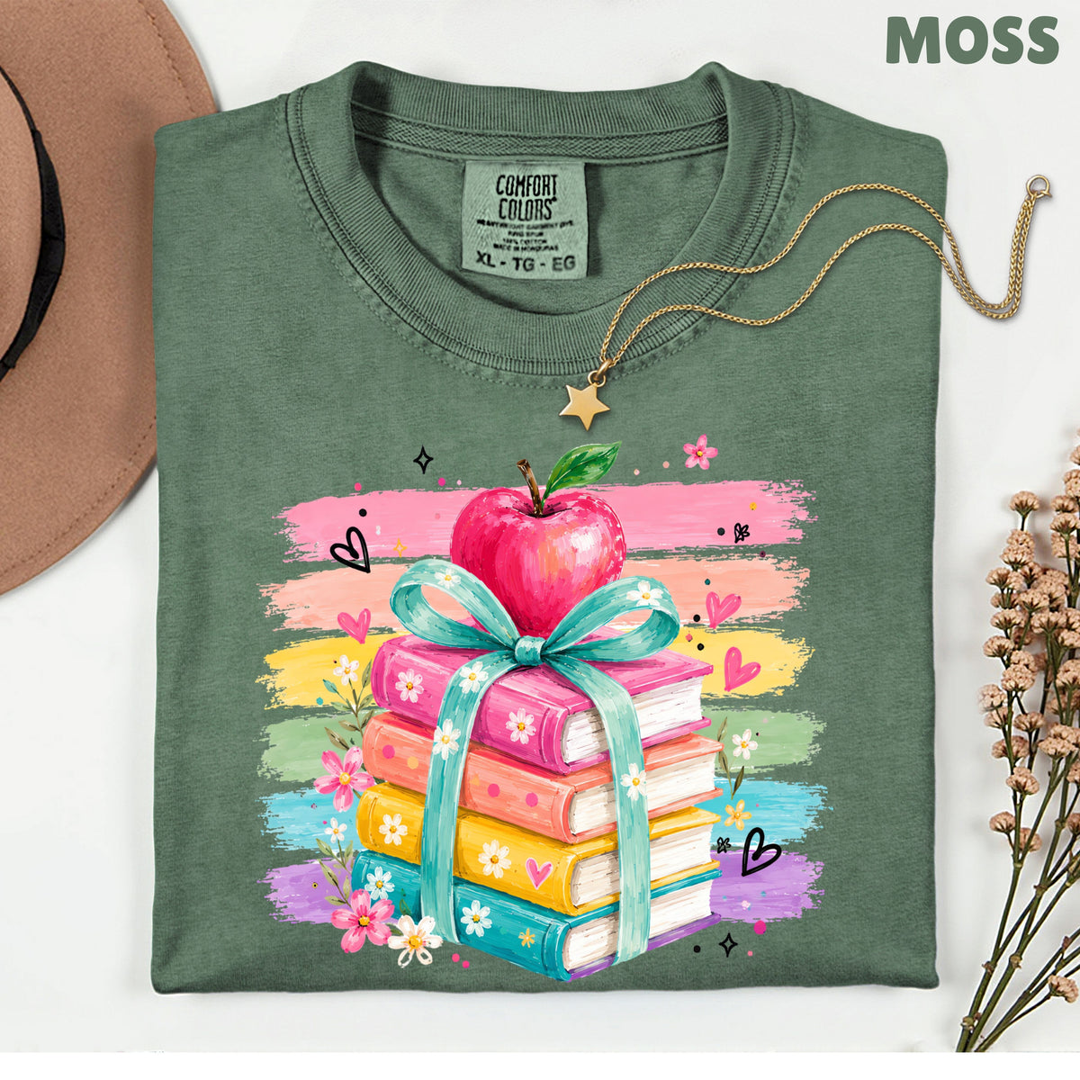 Coquette Stacked Books Teacher T-Shirt, Apple Ribbon Colorful Brushstrokes Comfort Color Tee