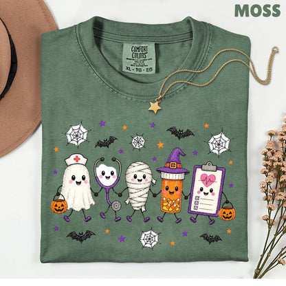 Spooky Nurse Squad Halloween Medical T-Shirt, Ghost Stethoscope Pill Bottle Tee