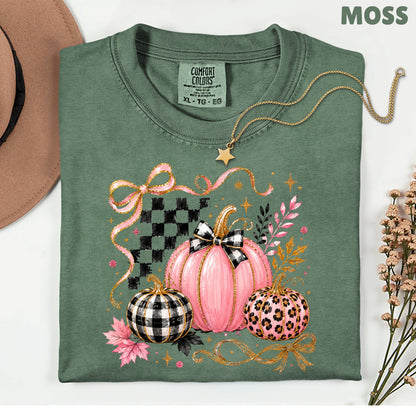 Pink Coquette Fall Pumpkin T-Shirt, Leopard Plaid Ribbon Bow Checkered Autumn Tee