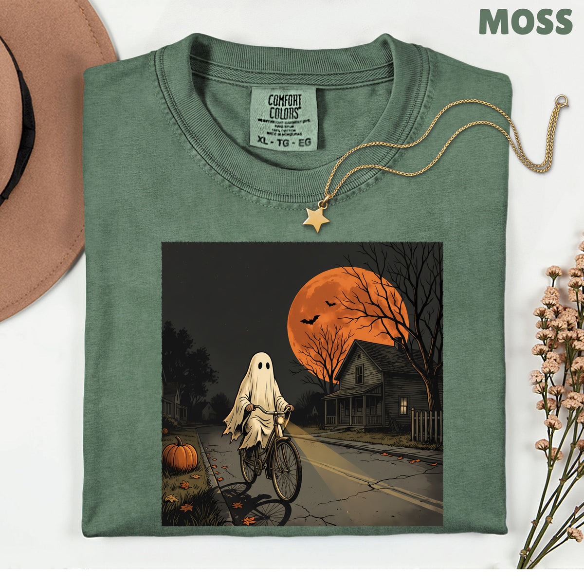 Ghost Riding Bike Halloween T-Shirt, Haunted House Orange Harvest Moon Tee Sweatshirt