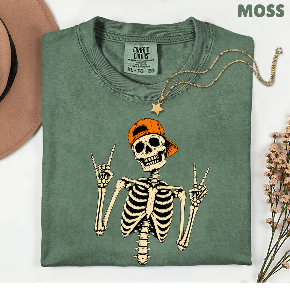 Cool Skeleton Rock On T-Shirt, Peace Sign Halloween Orange Hat Spooky Tee