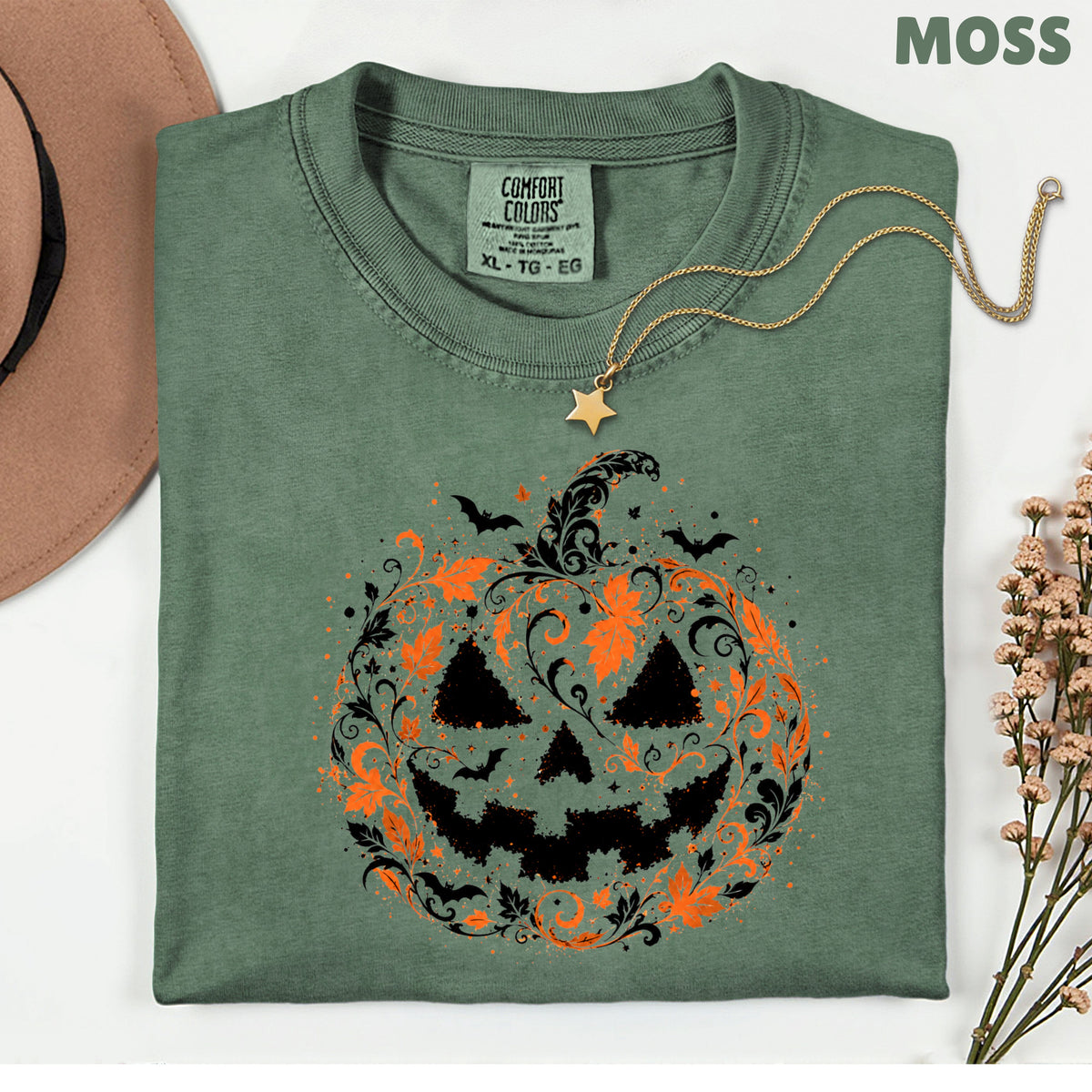 Halloween Pumpkin Face Floral Swirl Gothic T-Shirt, Intricate Spooky Pumpkin Tee