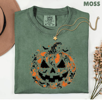 Halloween Pumpkin Face Floral Swirl Gothic T-Shirt, Intricate Spooky Pumpkin Tee
