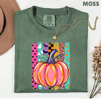 Halloween Pumpkin Brush Strokes Leopard Ghosts Candy Corn T-Shirt, Spooky Season Tee