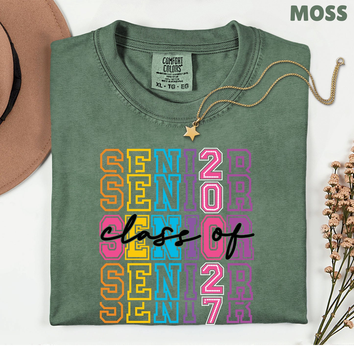 Senior Class of 2027 Colorful Retro T-Shirt, Stacked Varsity Letters Pastel Graduation Tee