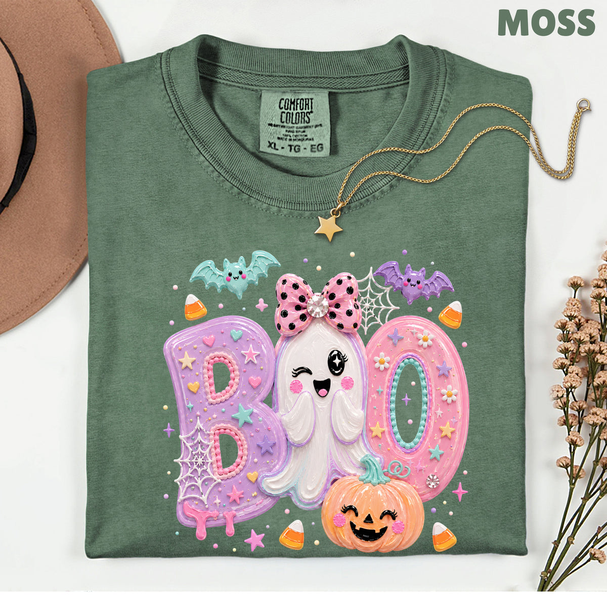 Pastel Cute Ghost Halloween Boo T-Shirt, Pink Purple Bow Pumpkin Candy Corn Girls Tee