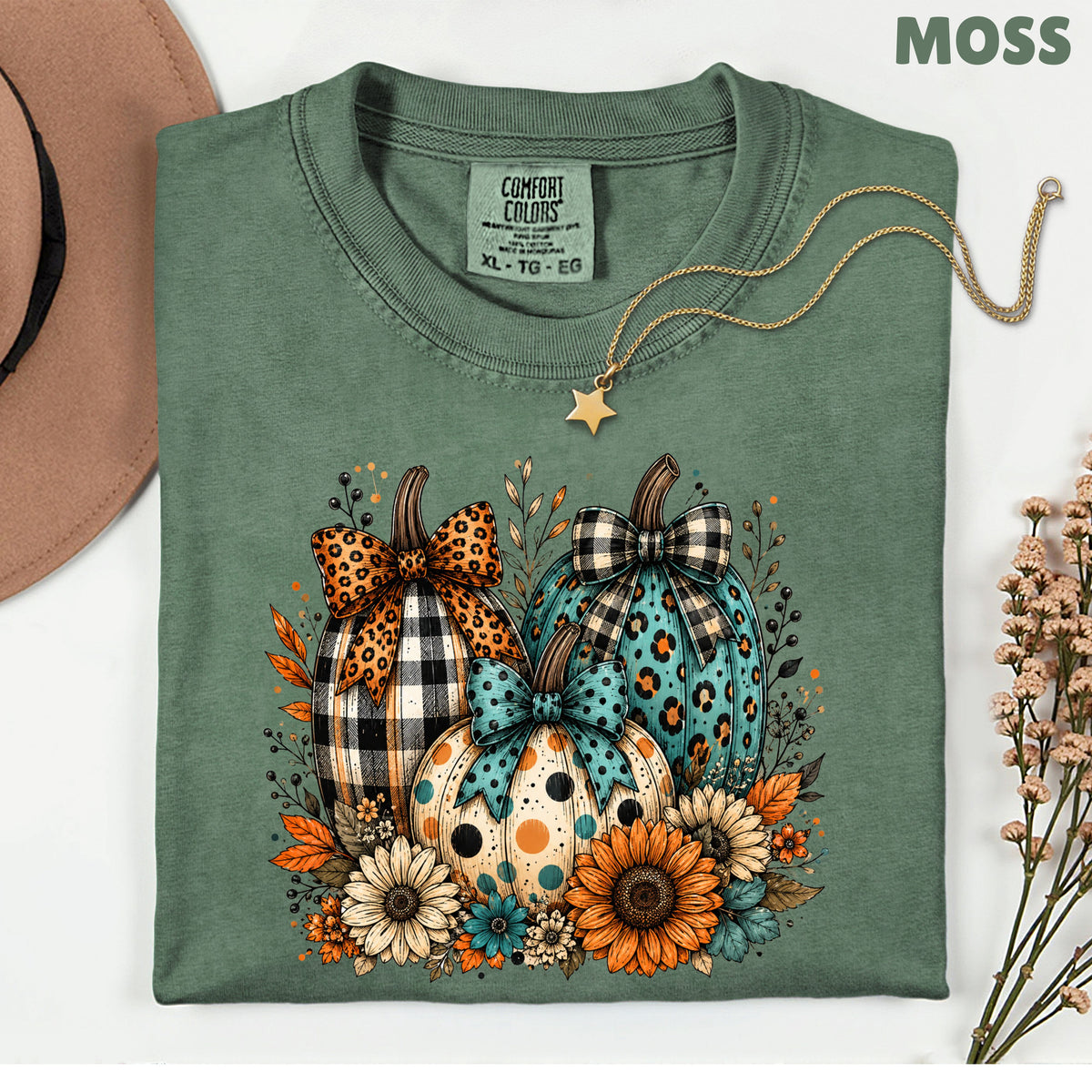 Fall Leopard Plaid Pumpkins T-Shirt, Teal Orange Floral Thanksgiving Tee
