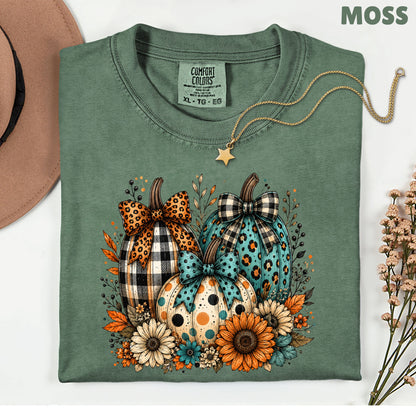 Fall Leopard Plaid Pumpkins T-Shirt, Teal Orange Floral Thanksgiving Tee
