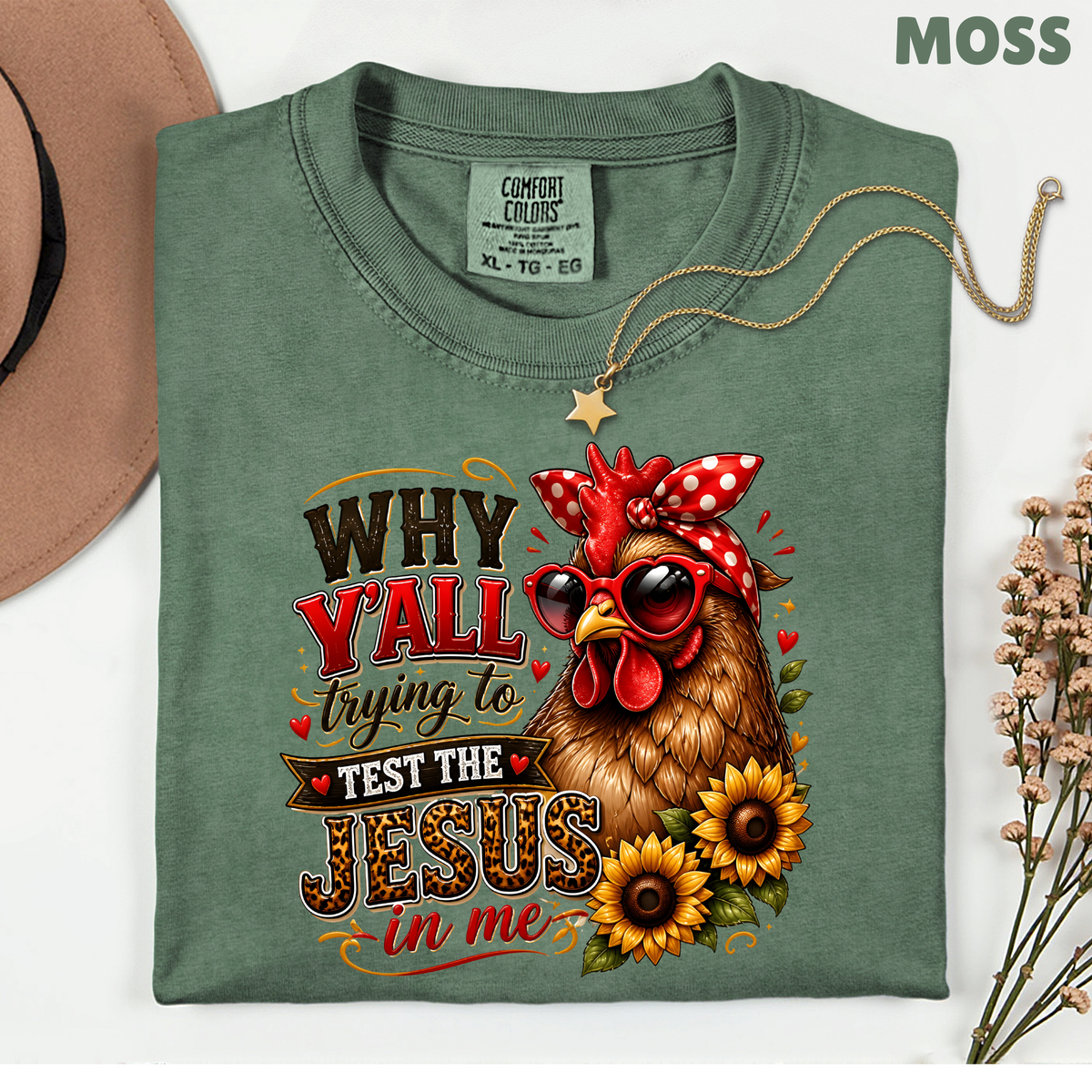 Test the Jesus in Me Funny Chicken T-Shirt, Bandana Country Christian Quote Tee
