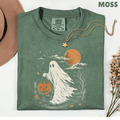 Vintage Halloween Ghost T-Shirt, Jack O Lantern Full Moon Sepia Neutral Tones Spooky Fall Tee