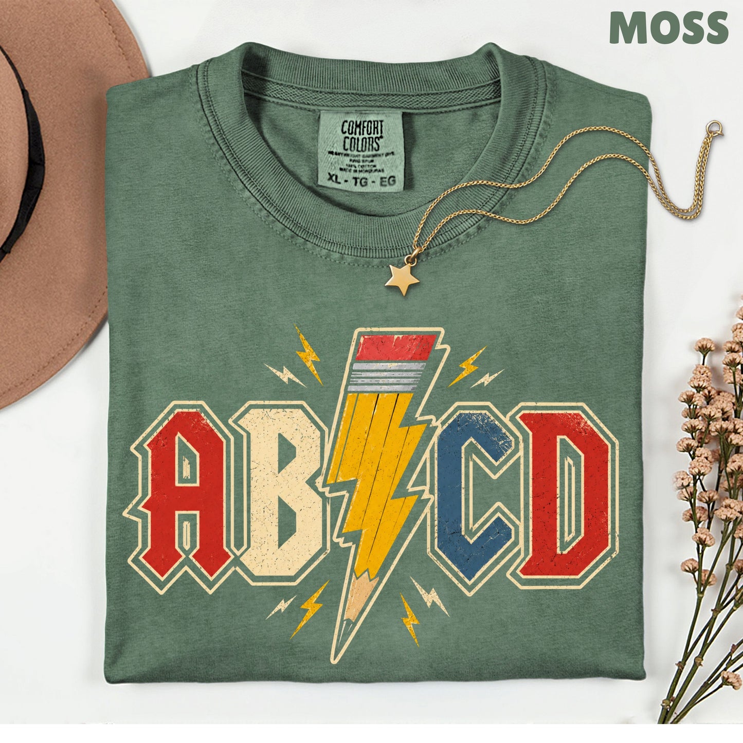 AB CD Lightning Bolt Pencil Teacher T-Shirt, Rock N Roll Back to School Comfort Color Tee