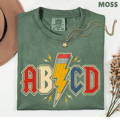 AB CD Lightning Bolt Pencil Teacher T-Shirt, Rock N Roll Back to School Comfort Color Tee