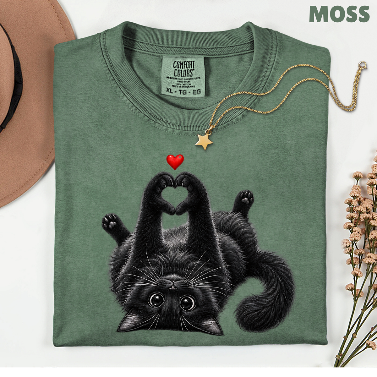 Black Cat Heart Hands T-Shirt, Cute Kitty Kitten Lover Heart Paws Love Tee